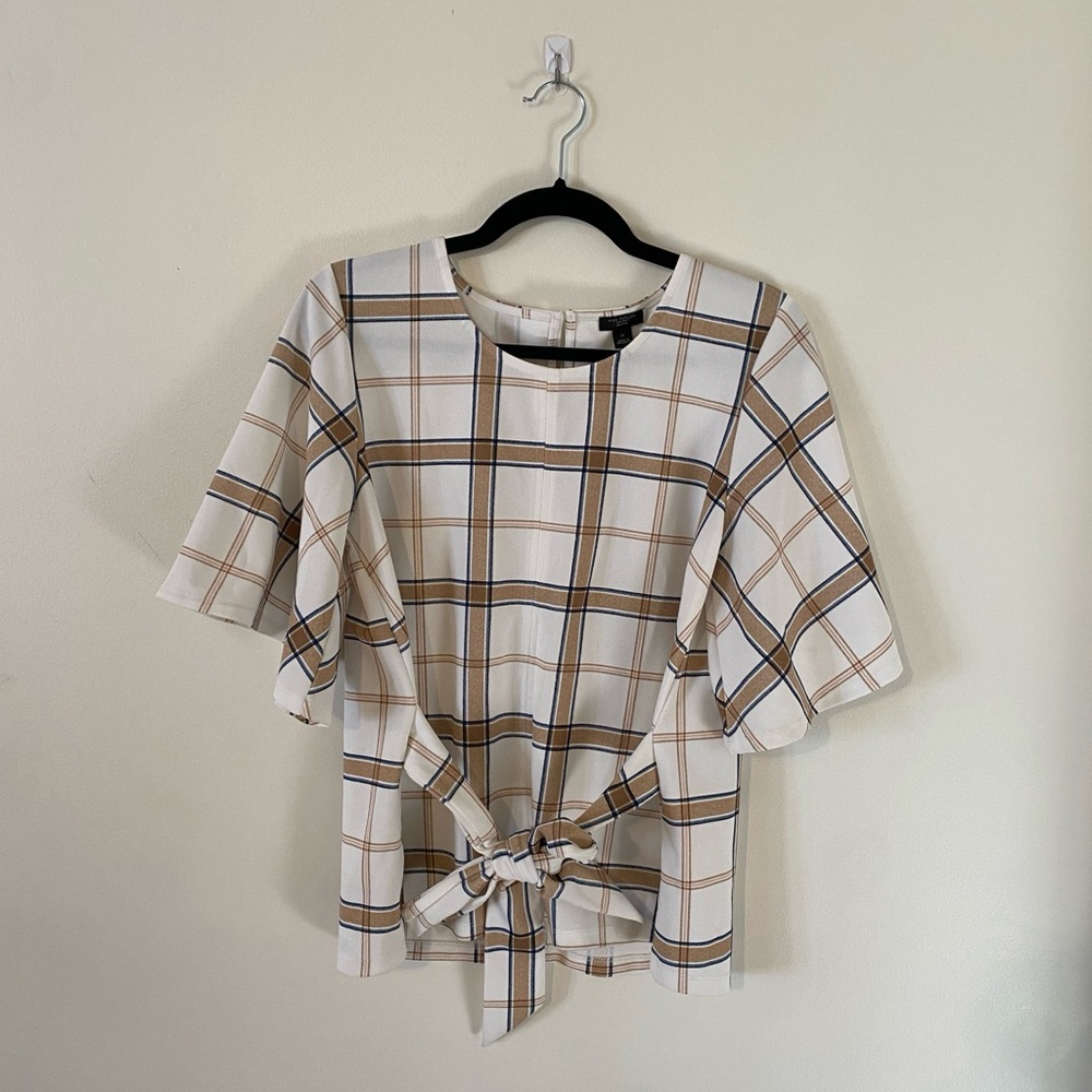 Ann Taylor White Plaid Flutter Sleeve Blouse with Tie